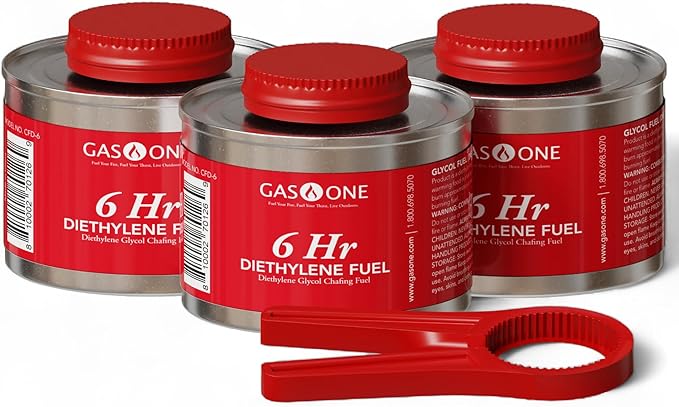 Gas One 3 Pack 6 Hour Chafing Fuel - Food Warmer for Chafing Dish Buffet Set - Reusable Liquid Safe Fuel With Wick & Lid Opener