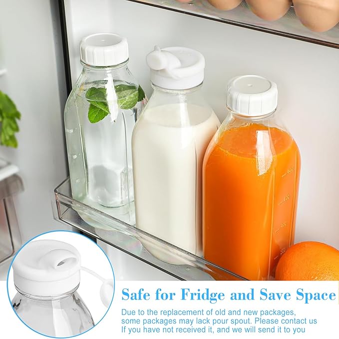 Liter Glass Milk Bottles w 100% Airtight Heavy Duty Screw Lid & 2 Dispenser- 6 Pack 32 Oz Drinking Jars - Food Grade Glass Bottles for Milk, Honey, Jam - Dishwasher Safe(Extra 2 Lids and Stickers)