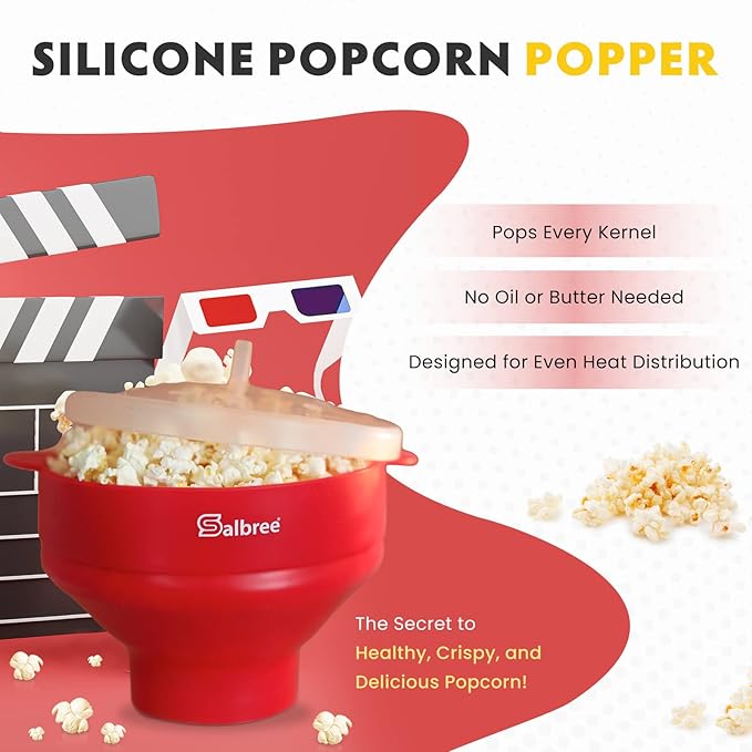 The Original Salbree Collapsible Silicone Microwave Popcorn Popper Maker Machine, Microwavable Bowl Holds 16 Cups, Uses Hot Air and Oil Always Optional - The Most Colors Available (Transparent)