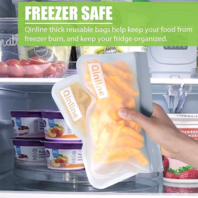 Qinline Reusable Food Storage Bags - 24 Pack Freezer Bag, Reusable Bags, Extra Thick Leakproof Lunch Bag