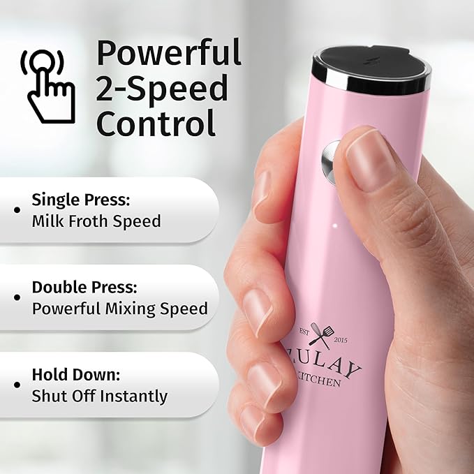Zulay Kitchen Rechargeable Milk Frother Handheld Lux - Powerful 2-Speed Motor, Waterproof, 2000mAh Battery - Drink Mixer for Latte, Cappuccino, Matcha & Protein Powder - Pink Bubblegum