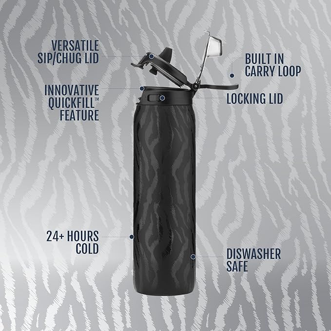 Ello Pop & Fill 22oz Stainless Steel Water Bottle with QuickFill Technology, Double Walled and Vacuum Insulated, Leak Proof Locking Lid, Straw and Chug, Fits Cupholder, Reusable BPA Free, Black Zebra