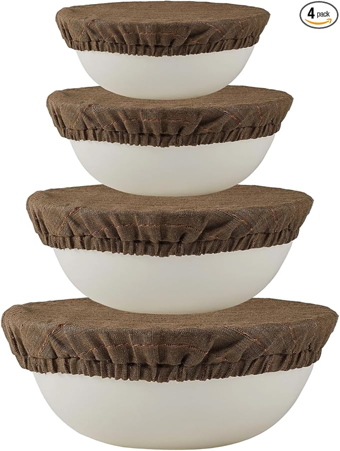 100% Pure Linen Bowl Covers For Bread Proofing, 4 Pcs Elastic Reusable Bowl Covers Large Ticking Striped Cloth Fabric Stretch Sourdough Lids, 6 * 8 * 10 * 12 Inches- Green