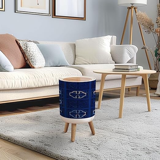 Trash Can with Lid tile pattern Lisbon floral mosaic Mediterranean seamless navy blue Press Top Round Small Garbage Bin with Wooden Legs Waste Basket for Kitchen Bedroom Nursery 7L/1.8 Gallon