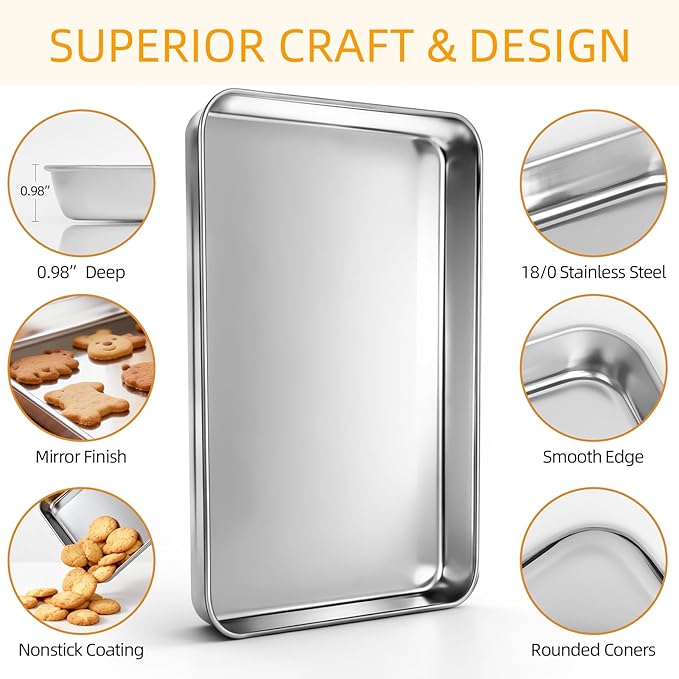 Baking Sheet Pan Set of 12, CEKEE Stainless Steel Cookie Sheets for Baking with Cooling Rack Silicone Baking Mat, Small/Quarter/Jelly Roll Pan, 9/10/12/16 Inch, Heavy Duty & Non Toxic & Easy Clean