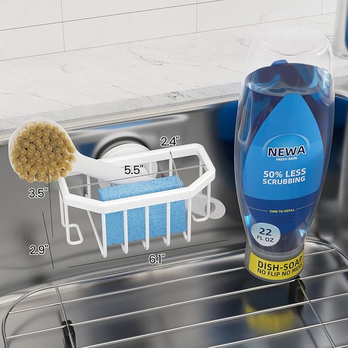 TAILI Sponge Holder for Kitchen Sink with Strong Suction Cup Removable, Rustproof Aluminum Sink Caddy for Sponge, Brush, Scrubber, Scraper White