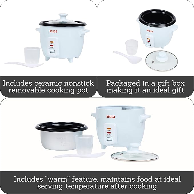IMUSA Mini Electric Rice Cooker 6 Cup Cooked 3 Cup Uncooked – Ceramic Nonstick Pot, Small Multi Cooker for Rice, Quinoa, Oatmeal, Stew – Keep Warm – Compact for Dorm RV Kitchen