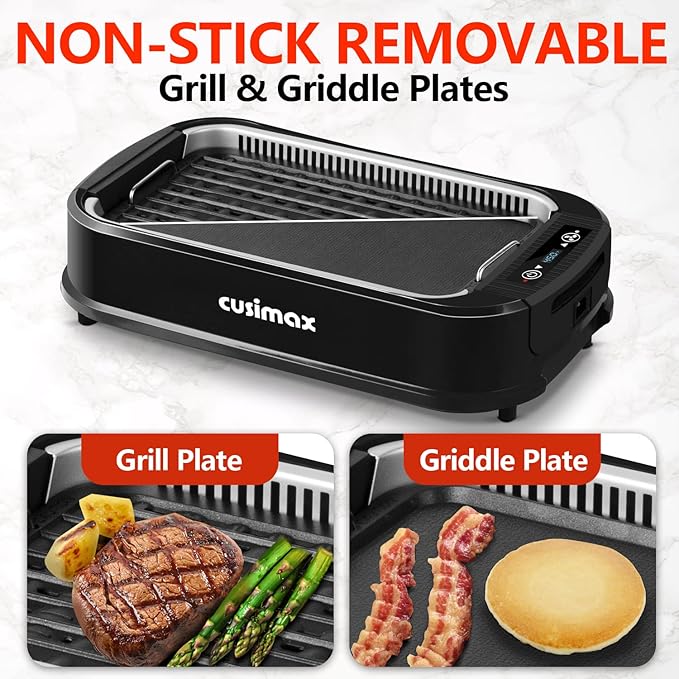 CUSIMAX Indoor Grill, Electric Smokeless Grill, 1500W Korean BBQ Grill, Electric Griddle with LED Smart Display & Tempered Glass Lid, Non-stick Removable Plate & Griddle Plate, Black