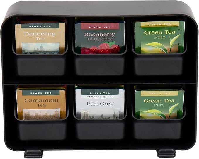 Mind Reader Tea Bag Organizer, Tea Station Organizer, Countertop Storage, Kitchen, Plastic, 10.25"L x 3.25"W x 7.75"H, Black