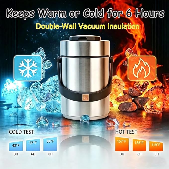 67oz Adults Stainless Steel Vacuum Insulated Thermal Lunch Box, 3 Tier Stackable Sealed Leak-Proof Wide Mouth Portable Bento Food Container, Hot Food Thermo Jar for Soup Office & Outdoor (Silver)