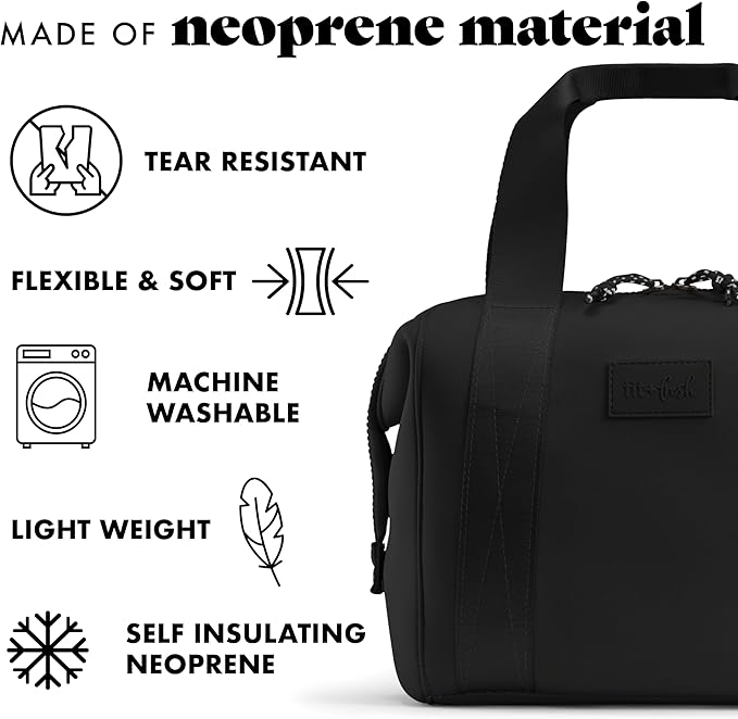 Fit & Fresh Remi Neoprene Lunch Bag For Women - Meal Prep Kit with Containers & XL Ice Pack, Self Insulating Neoprene-like Material, Machine Washable Lunch Bag, Tear-Resistant, Stain-Resistant, Black