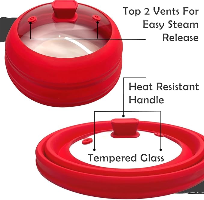 Collapsible Microwave Splatter Cover, Glass Silicone Foldable Microwave Lid for Food, 10.8 Inch Grease Splatter Guard for Pots, Pans & Bowls, Red