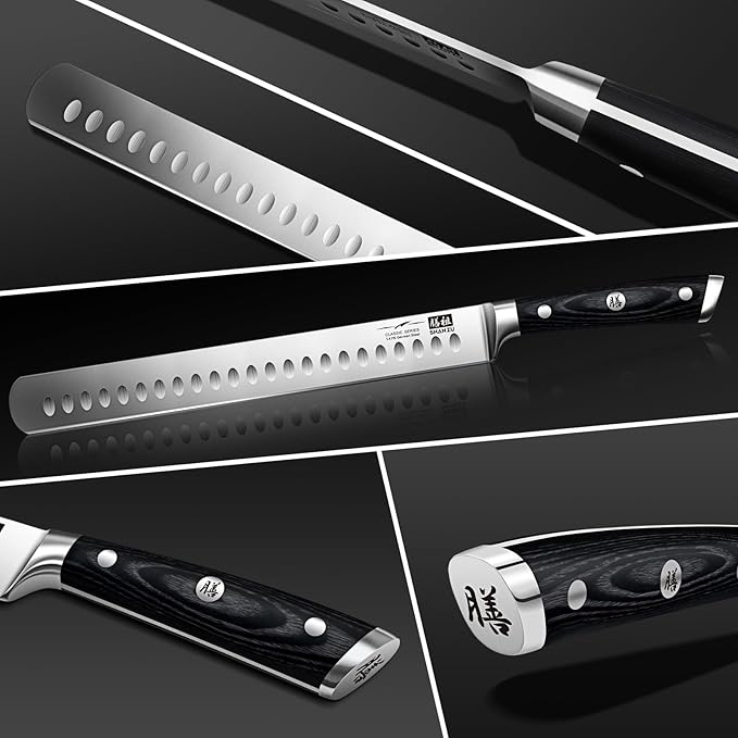 SHAN ZU 12" Brisket Slicing Knife - Carving Slicing Meat Knife Professional 5Cr15MoV Stainless Steel Razor Sharp Blade, Ergonomic Wood Handle & Full Tang Design