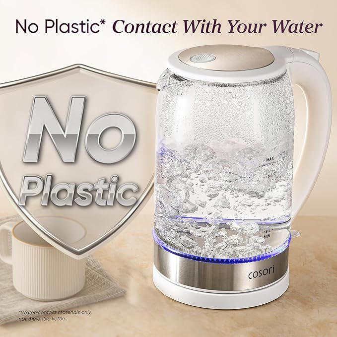 Cosori Electric Kettle, No Plastic Contact With Water, Wide Mouth For Easy Cleaning, Auto Shut Off, 1.7L Tea Kettle & Hot Water Boiler, Water Heater & Teapot, Borosilicate Glass, White, 1500W