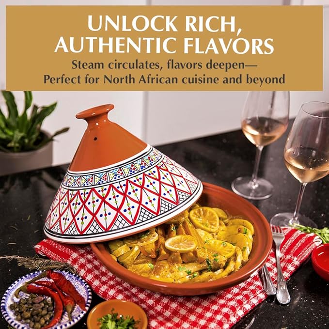 Kamsah Tagine Pot for Cooking and Flavor Enrichment - Large Clay Pot 12”, 5.5 QT - Non-Stick Handmade Cookware - Moroccan Ceramic Pots for Cooking with Lid & Serving Bowl - Bohemian Supreme Red