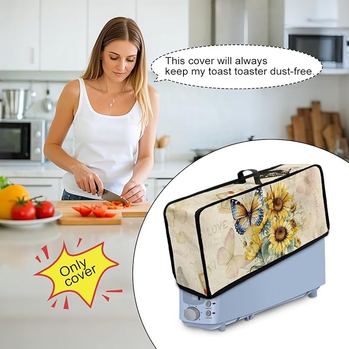Toaster Cover 2 Slice Sunflower Butterfly Water-Resistant Folding 2 Slice Slim Toaster Cover, Heat-Resistant Dustproof Protective Covers for Small Appliance, Beige