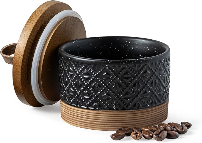 Miamolo Mini Ceramic Jars with Airtight Lid, Coffee Container Canister Kitchen Food Storage Jar with Lid for Spice Sugar Tea Bag, Stackable Decorative Jars for Countertop, Pantry, Black & 5 fl.oz