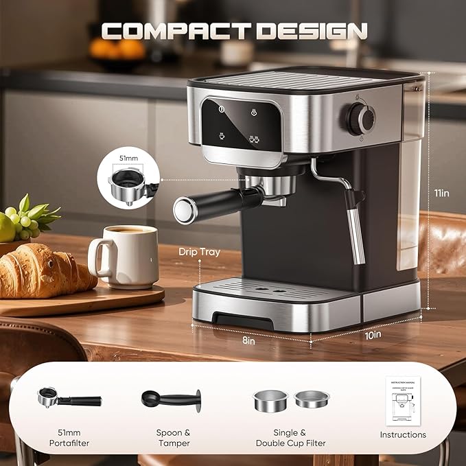 Espresso Machine 20 Bar, Professional Espresso Maker with Power Milk Frother, Compact Espresso Coffee Machine With LED Touch Screen for Home Latte, Cappuccino, 61OZ Removable Water Tank 2026