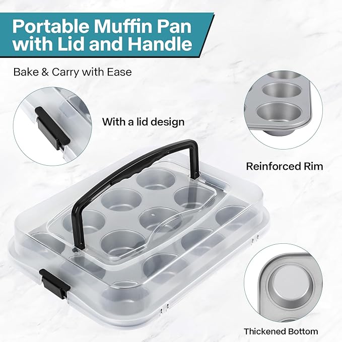 2-Pack Cupcake Pan with Lid, 12-Cup Nonstick Muffin Pan with Handle – Cupcake Carrier for Baking & Transporting, Perfect for Party, Holiday, Gathering