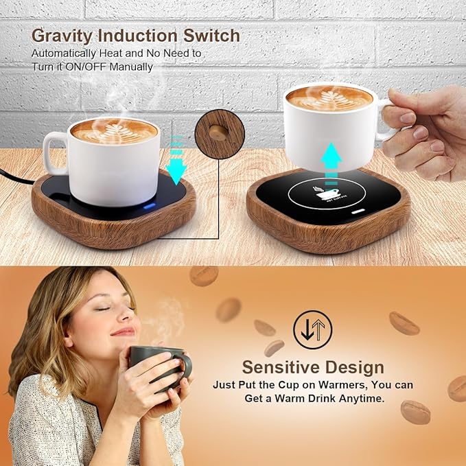 Coffee Mug Warmer for Desk - Wooden Auto Shut Off Drink Warmer for Milk Tea Water Cocoa - Smart Beverage Heating Candle Wax Plate