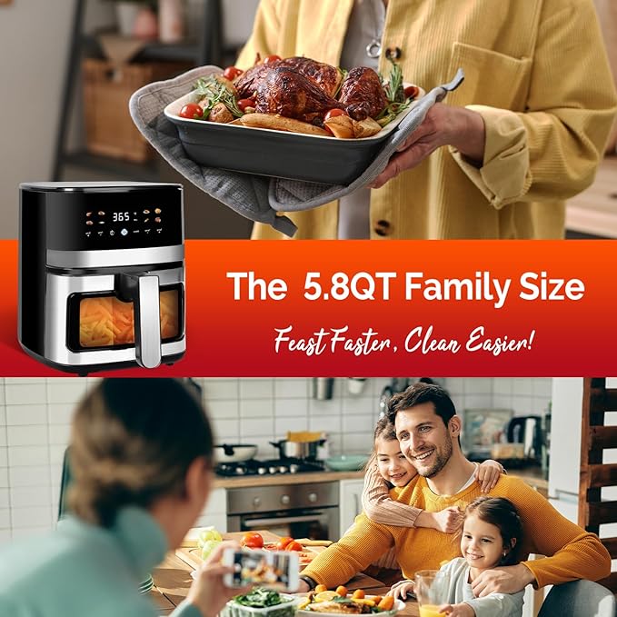 5.8QT Digital Air Fryer with Viewable Window, Air Frying, Reheat, Easy for Frozen Food, Snacks, Dinner, Large Square Basket than Round, Portable for Family & Apartment, Gift Box Included