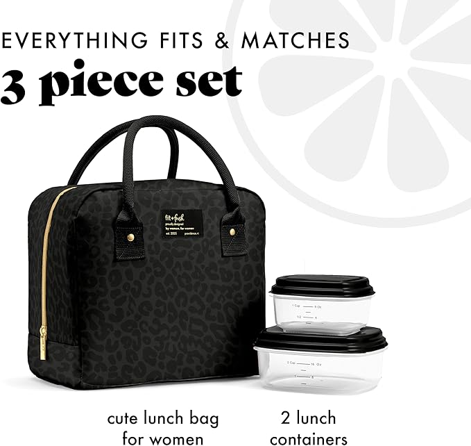 Fit & Fresh Bloomington Lunch Bag for Women - Insulated Large Lunch Box for Work with Containers, Leak-Resistant, Stain-Resistant, Zipper Closure, Black Feline Fine