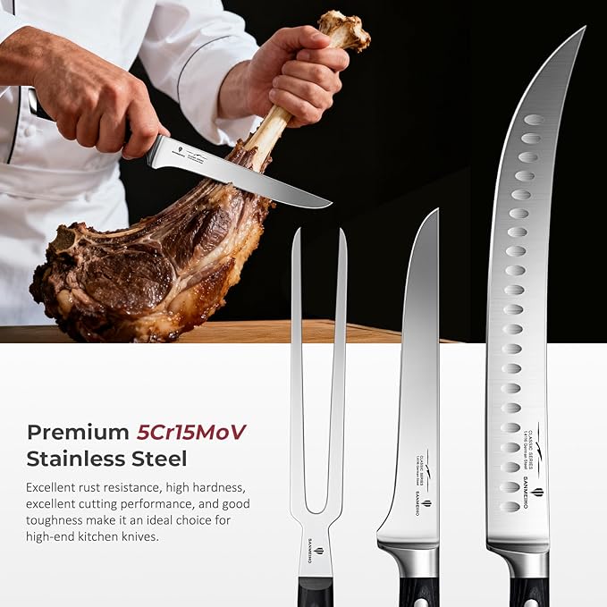 3Pcs Carving Knife Set with Sheath – for Turkey, Meat, BBQ, Brisket, Razor Sharp Slicing Knife, Professional 5Cr15MoV Stainless Steel, Ergonomic Full Tang Wood Handle, Gift Box Included