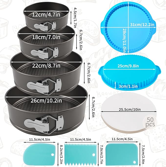 4, 7, 9, 10 Inches Springform Cake Pan Set, Spring Form Pans for Cheesecake, Nonstick Round Baking Pan Set with Silicone Protector, Parchment Paper, Icing Scrapers