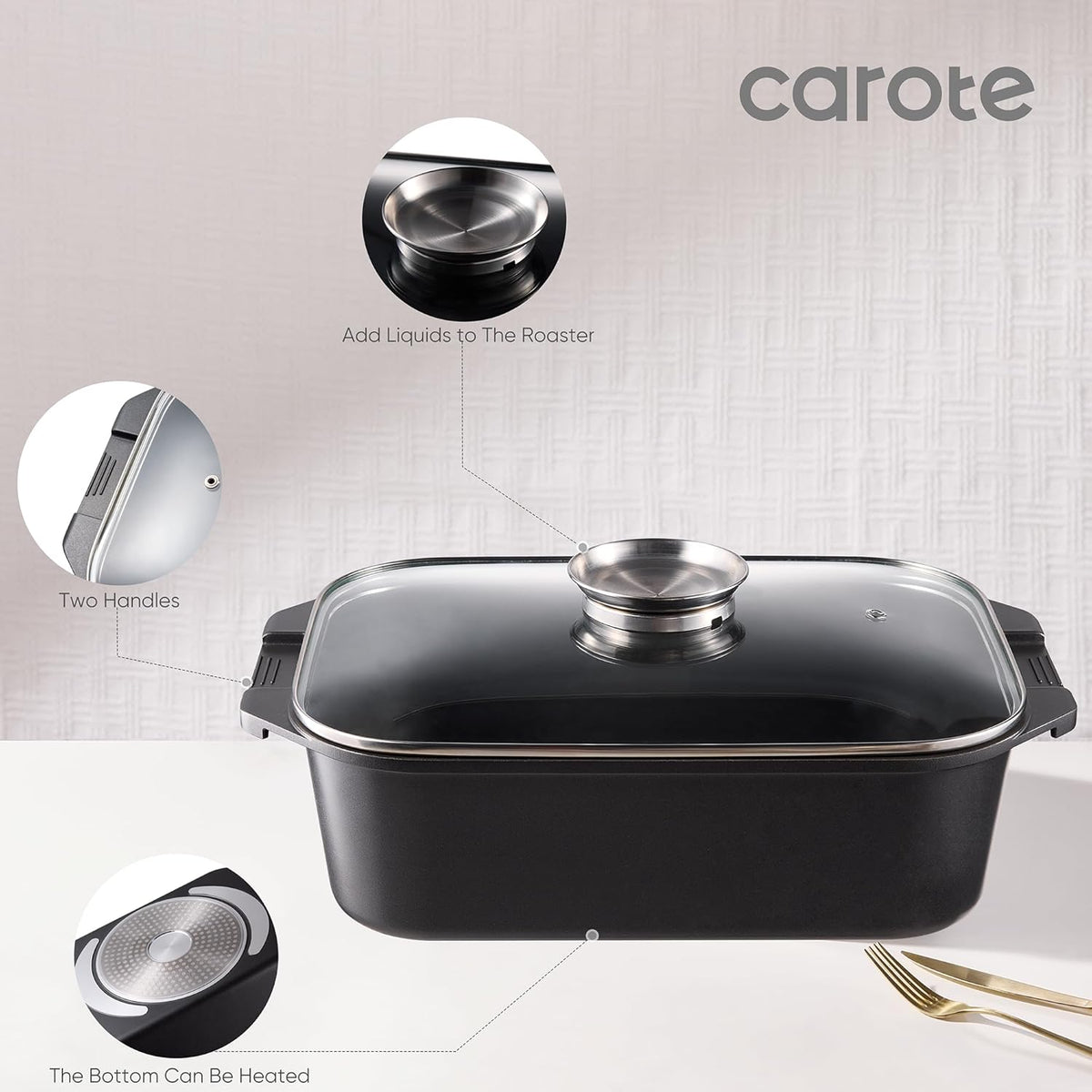 CAROTE 15.9 Inch Roasting Pan with Lid, Rectangular Nonstick Roaster Pan for Ovens, Large Pot Roast Roasting Pan with Lid, Induction & Gas Stove Compatible, PFOA Free