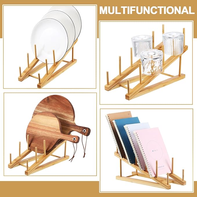 Suclain 6 Pcs Wooden Bamboo Dish Drying Rack Kitchen Cabinet Organizer for Cabinet Cutting Board Display Stand for Dish Plate Bowl Water Bottles Cup Pot Lid Cutting Board
