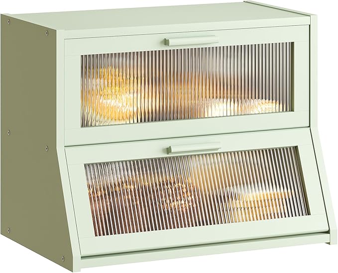 GHWIE Double Layer Bamboo Bread Box for Kitchen Counter,Large Capacity Bread Storage Bin,Bread Container with Acrylic Wavy Door Panel (Light Green, Medium)