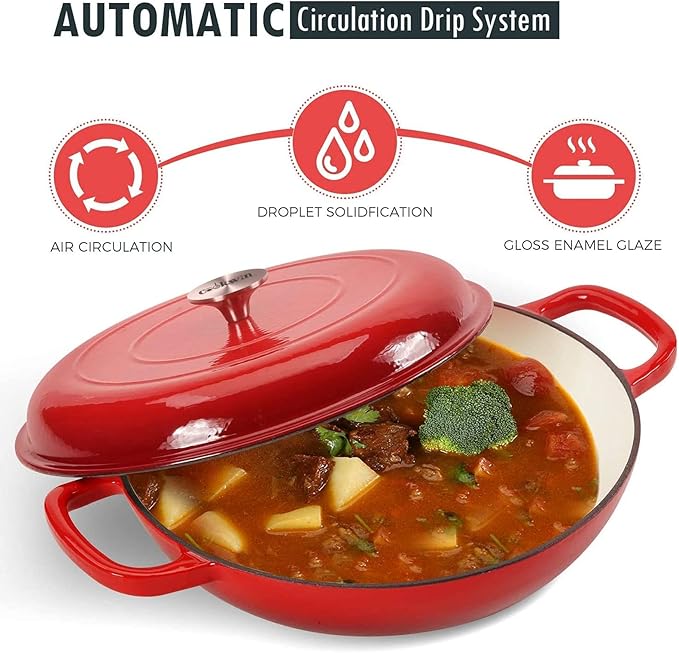 COOKWIN Cast Iron Casserole Braiser, 3.8 Quart Enameled Cast Iron Dutch Oven Pan with Lid, Heavy Duty and Dual Handles Skillet, Oven-Safe Porcelain Surface Casserole Dish, Red