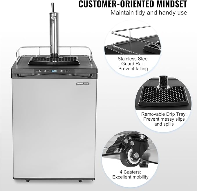 VEVOR Beer Kegerator, Single Tap Draft Beer Dispenser, Full Size Keg Refrigerator With Shelf, CO2 Tank(No Gas), Drip Tray & Rail, 23°F- 82.4°F Temperature Control, 162L, Silver