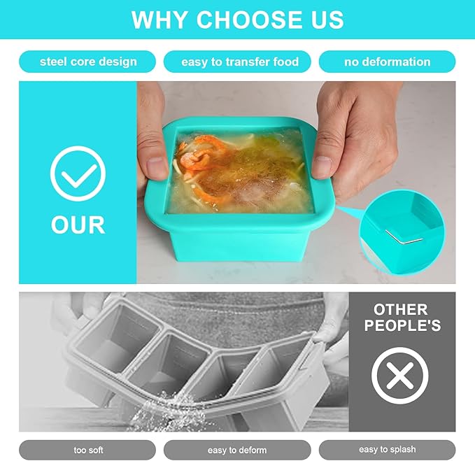 Silicone Freezer Tray with Lid 2 Pack Silicone Freezer Molds Ice Cube Tray Makes 2 Perfect 2 Cup Portions Soup Cubes Meal Prep Containers- Oven & Dishwasher Safe