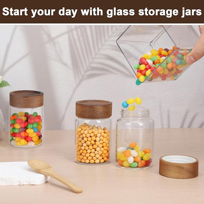 Glass Jar with Airtight Lid, 4 Pack 7oz Glass Canister with Wood Lids, Kitchen Food Storage Containers, Wooden Screw Top Glass Coffee Jars for Sugar, Tea, Oatmeal, Candy, Seasoning, Beans, Salad