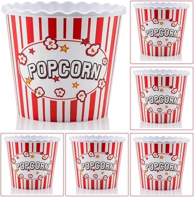 Modern Style Reusable Plastic Popcorn Box/Popcorn Containers/Popcorn Bowls Set for Movie Theater Night - (BPA Free - 6 Pack-75 oz) (6, RED)