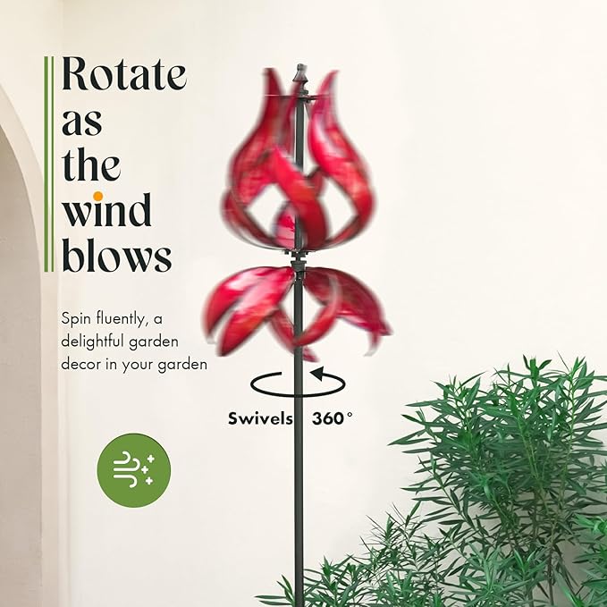 Large Garden Wind Spinner - Tulip Outdoor Yard Wind Sculptures & Spinners, Garden Decor Gift Ideas for Mother, Birthday, Housewarming (Dia19 x H87”)