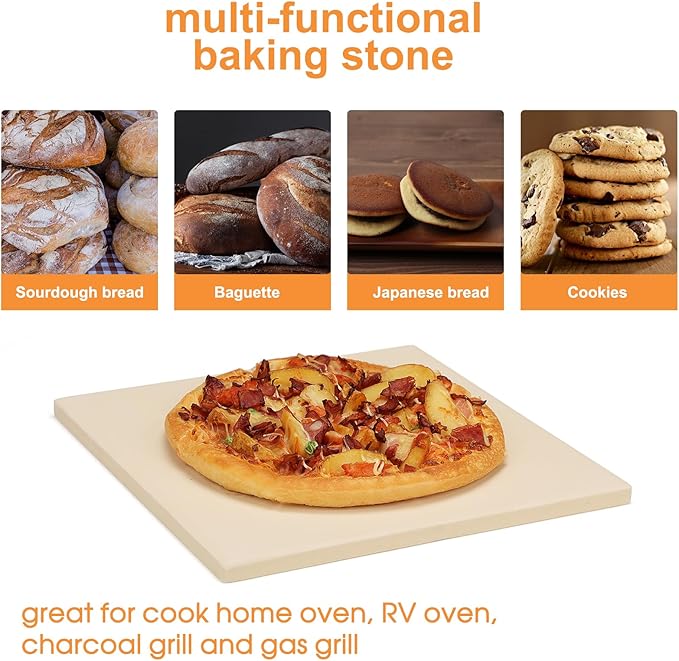 Salomayes 12x12 Inch Cordierite Pizza Stone for RV Oven and Grill, Square Baking Stone, Perfect for Pizza, Bread, Pie, BBQ, Durable and Safe, with Plastic Scraper