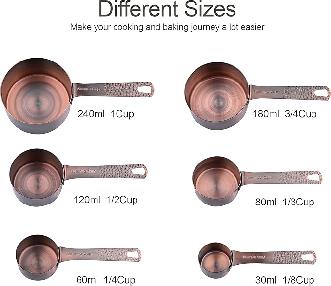 Copper Measuring Cups and Spoons Set for Drying & Liquid, Stainless Steel 6 Copper Measuring Cups and 7 Measuring Spoons with 1Leveler and 2 Locking Rings for Kitchen