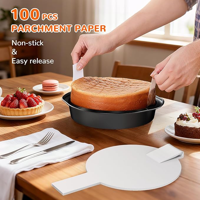8 Inch Round Cake Pan with Handle, 3PCS Nonstick Cake Pans with 100 PCS Parchment Paper