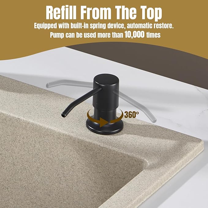 Built in Soap Dispenser for Kitchen Sink Countertop, Matte Black Stainless Steel Soap Dispenser Pump Head Refill from the Top with 11 Ounce Transparent Soap Bottle
