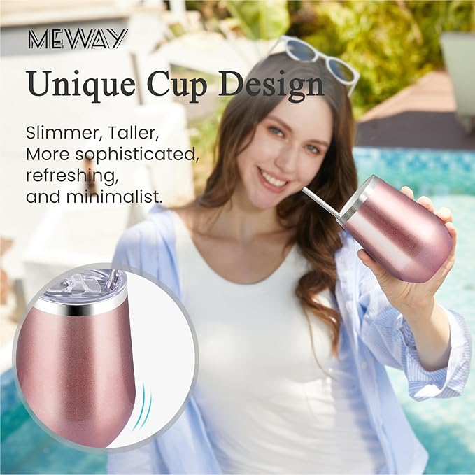 MEWAY 12oz Stainless Steel Wine Tumbler with Lid and Straw - Double Wall Stainless Steel Coffee Mug, Gift for Woman Under 10 dollars， 8 Pack Bulk tumblers(Rose Gold,Set of 8)