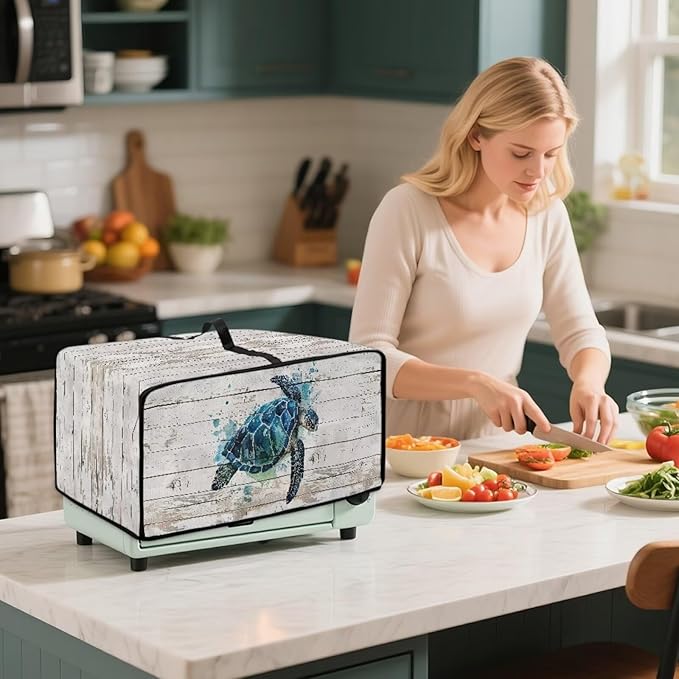 Air Fryer Toaster Oven Cover with Side Pockets, Protective Electrical Appliance Cover Kitchen Countertop Accessories and Decor, M, Watercolor Sea Turtle Wood Grain