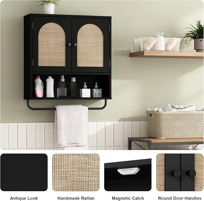 RUSTOWN Rattan Bathroom Wall Cabinet, Boho Medicine Cabinet with 2 Arched Doors, Farmhouse Over The Toilet Storage Cabinets with Adjustable Shelves & Towel Bar
