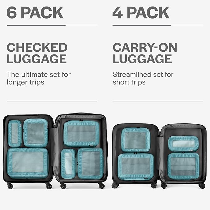 Aerotrunk Compression Packing Cubes for Travel - Luggage Organizer Bags - Double Zipper Packing Cubes for Suitcases (6-Pack, Teal)