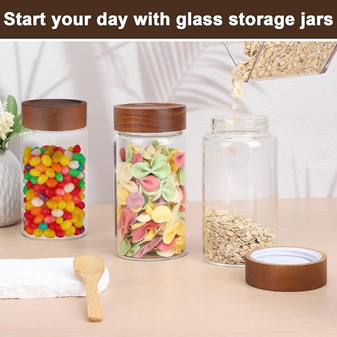 Glass Jars with Airtight Lid, 4 Pack 19oz Glass Jars with Wood Lids, Screw Top Kitchen Panrty Storage Canister for Sugar, Coffee, Tea, Oat, Cereal, Candy, Cookie - 3.1 x 5.9 inch Spice Bottle