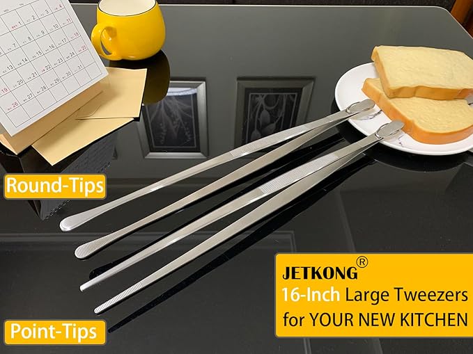JETKONG 2 Pieces Extra-Long Tweezer Tongs 16-Inch Stainless Steel Tweezers Chef Tweezers (Point-Tips)