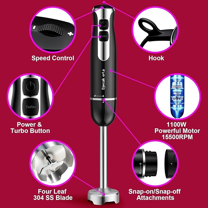 Upgraded 1100W 5-in-1 Immersion Hand Blender – 20 Variable Speeds, Up to 15,500 RPM, Handheld with Milk Frother & Food Processor, Black
