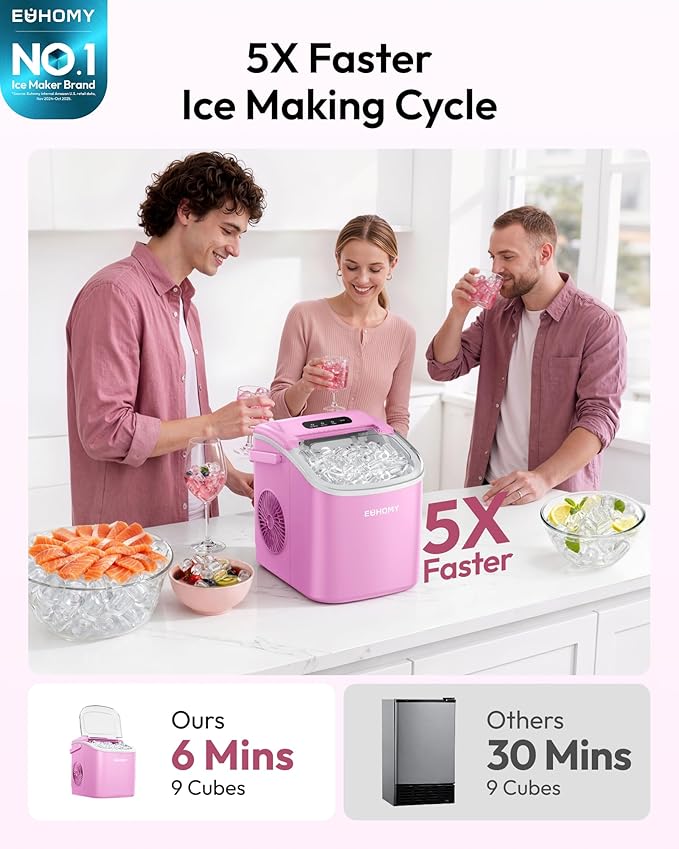 EUHOMY Countertop Ice Maker Machine with Handle, 26lbs in 24Hrs, 9 Ice Cubes Ready in 6 Mins, Auto-Cleaning Portable Ice Maker with Basket and Scoop, for Home/Kitchen/Camping/RV. (Pink)