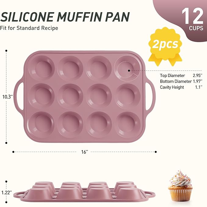 2 Packs 12 Cups Silicone Muffin Pan with Metal Reinforced Frame Regular Size Cupcake Pan Tray Egg Bites Silicone Circle Cookie Molds Muffin Tin Tart Pans Baking Sheet Set for Breakfast Sandwiches